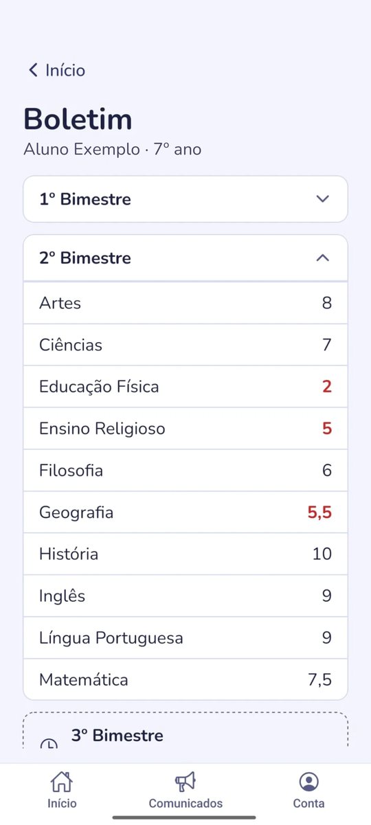 Tela de boletim do Educato Família, com as notas de cada disciplina no bimestre encerrado