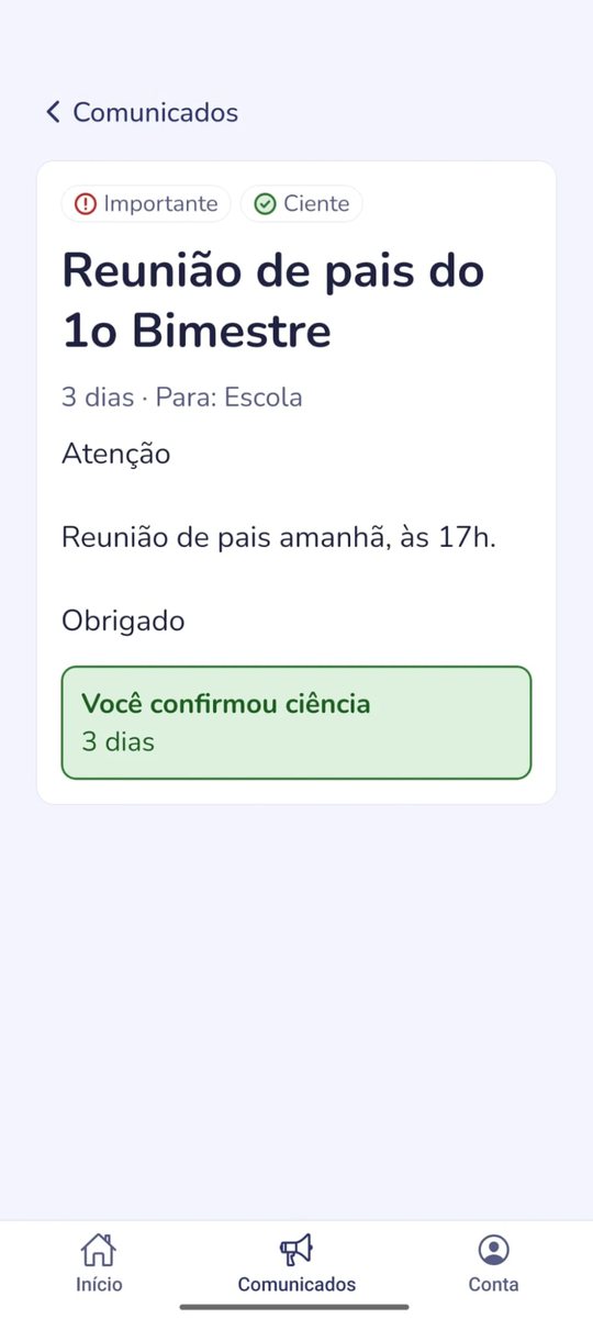 Tela de comunicado do Educato Família, com o botão de confirmação de ciência já marcado