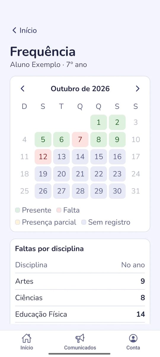 Tela de frequência do Educato Família, com o calendário do mês e as faltas por disciplina