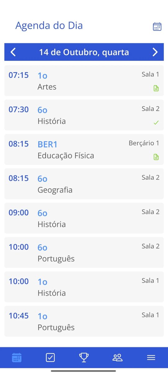 Tela da agenda do dia do aplicativo dos professores, com as aulas por horário, turma e sala