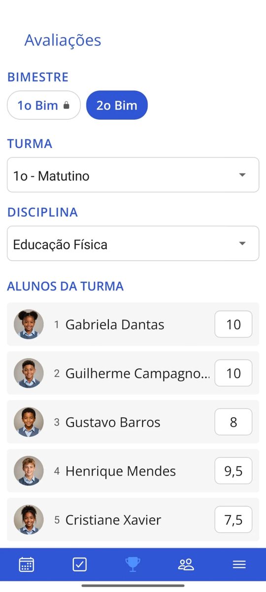 Tela de avaliações do aplicativo dos professores, com as notas dos alunos da turma